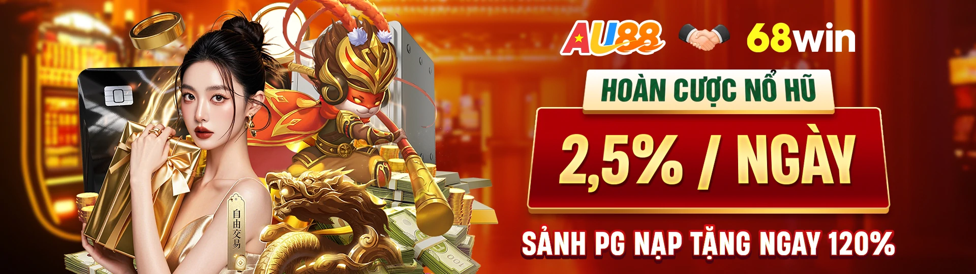 Banner giới thiệu thể thao, slot, bắn cá và casino trên 68Win